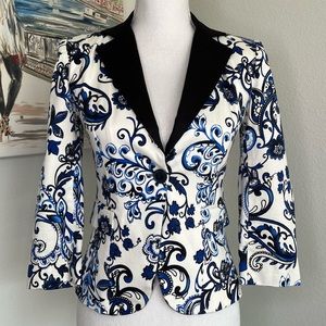 BOSTON PROPER Royal Blue/White/Black Print Blazer Jacket | Size 0